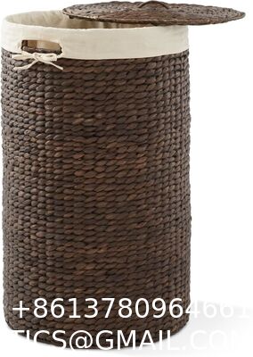 Round Laundry Hamper With Lid And Removable Liner Bag - Natural, Woven Water Hyacinth Wicker Laundry Basket For Clothes And Towels