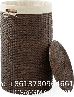 Round Laundry Hamper With Lid And Removable Liner Bag - Natural, Woven Water Hyacinth Wicker Laundry Basket For Clothes And Towels