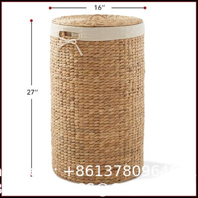 Round Laundry Hamper With Lid And Removable Liner Bag - Natural, Woven Water Hyacinth Wicker Laundry Basket For Clothes And Towels