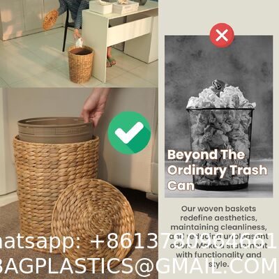 Wicker Waste Basket - Water Hyacinth Bathroom Garbage Can With A Lid - Bathroom Trash Can Boho Style - Wicker Trash Can With Lid For Household, Kitchen - Removable Liner, Iron Frame