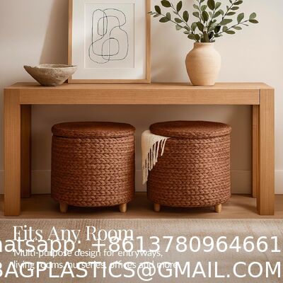 Tall Water Hyacinth Wicker Basket with Handles | Natural, Brown, Natural Bathroom Trash Can Boho Style - Wicker Trash Can With Lid For Household, Kitchen - Removable Liner, Iron Frame