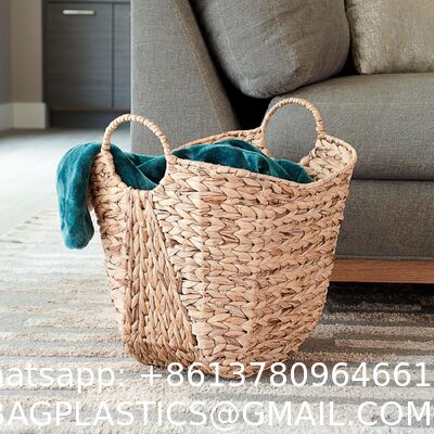 Tall Water Hyacinth Wicker Basket with Handles | Natural, Brown, Natural Bathroom Trash Can Boho Style - Wicker Trash Can With Lid For Household, Kitchen - Removable Liner, Iron Frame