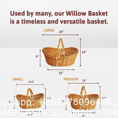 Woven Market Basket, Handwoven Willow Weave, Stylish Handles With Durable Metal Anchors, Classic And Versatile, Attractive, Spacious, Lightweight, Brown Stain