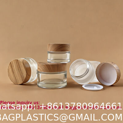 Glass Jars With Lids Clear Small Jars With Plastic Woodgrain Lids, White Labels And Inner Liners Empty Round Cosmetic Containers For Creams Lotions Candle Making (Clear)