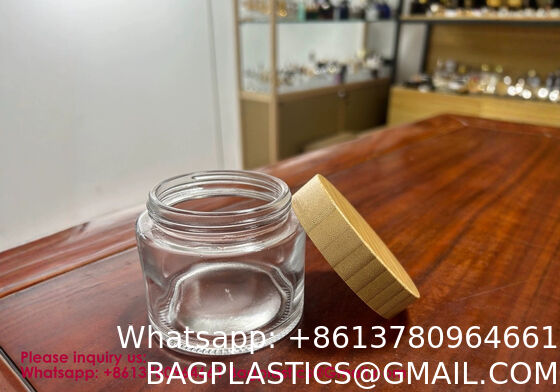 Glass Jars With Lids Clear Small Jars With Plastic Woodgrain Lids, White Labels And Inner Liners Empty Round Cosmetic Containers For Creams Lotions Candle Making (Clear)
