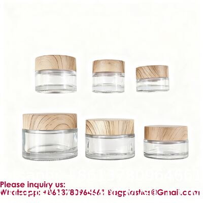 Glass Jars With Lids Clear Small Jars With Plastic Woodgrain Lids, White Labels And Inner Liners Empty Round Cosmetic Containers For Creams Lotions Candle Making (Clear)