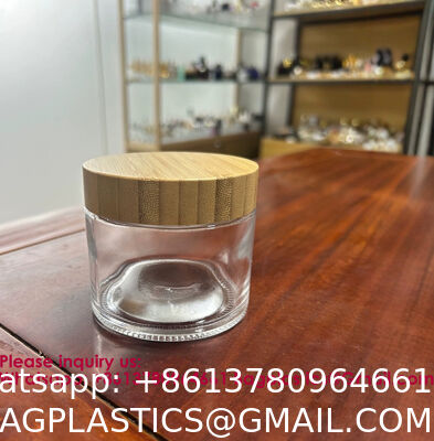 Glass Jars With Lids Clear Small Jars With Plastic Woodgrain Lids, White Labels And Inner Liners Empty Round Cosmetic Containers For Creams Lotions Candle Making (Clear)