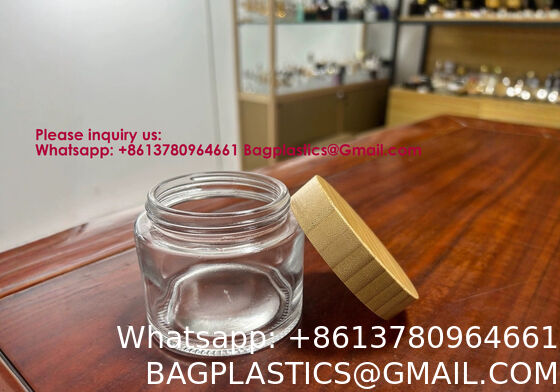 Glass Jars With Lids Clear Small Jars With Plastic Woodgrain Lids, White Labels And Inner Liners Empty Round Cosmetic Containers For Creams Lotions Candle Making (Clear)