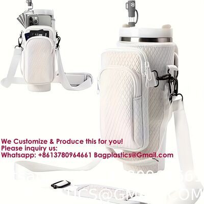 Water Bottle Carrier Bag With Phone Pocket For Stanley 40 & 30 Oz Tumbler With Handle,Pink Insulated Neoprene Cup