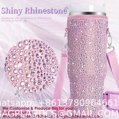 RhineStone Decoration Acessories, Tumbler With Handle,Pink Insulated Neoprene Cup Holder Pouch W/Adjustable Strap For Quencher H2.0 Stanley Cup Accessories