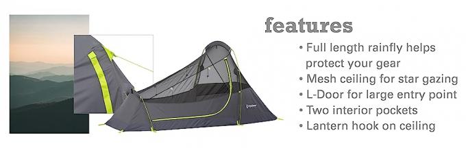 features, full length rainfly, mesh ceiling, L-Door, two interior pockets, lantern hook