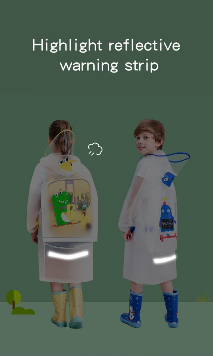 I bambini impermeabilizzano l'impermeabile, poncio trasparente dell'impermeabile dei bambini, studenti nell'animazione incappucciata dell'impermeabile della borsa di scuola 7