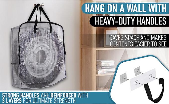 Tire inside an extra-large clear storage bag that is hanging on the way by its strong handles.