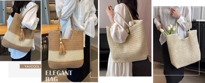 Hot Sale Donne a spillo a crochet a maglia Borse estive di mano di paglia tessuta portatile Raffia Beach Holiday Tote Bag Raffia Paper Rope Crochet Straw Bag per vacanze al mare Viaggi di shopping e shopping 0
