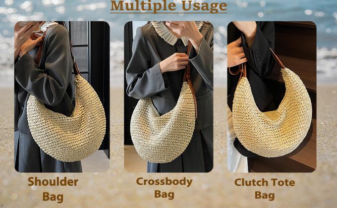 Trova Icono Simile Abito estivo da spiaggia abito da vacanza di lusso Donna Casual Borsa da mano Slouch Crochet Straw Raffia Tote Shopping Viaggi Borsa da secco 2