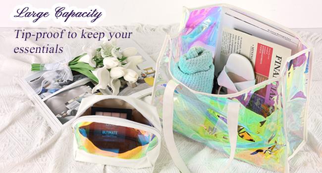 Borsa PVC per la spesa in plastica lucida, laser trasparente, olografica, iridescente, da donna, borsa tote da spiaggia alla moda con logo personalizzato stampato 1