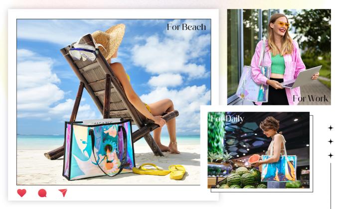 Borsa da bagno trasparente olografica sostenibile riciclabile con maniglia di cuoio Borsa da spiaggia iridescente per il lavoro Viaggio in stadio 0