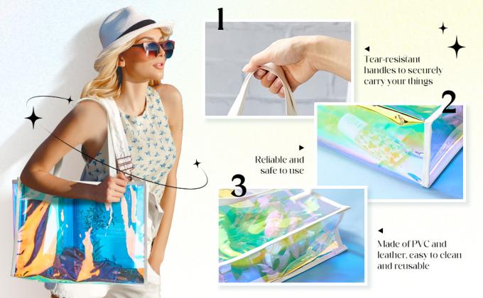 Borsa per la spesa a caldo riciclabile riciclabile personalizzata Logo e taglia Chiara trasparente omologazione PVC regalo borsa per la spesa iridescente omologazione borsa per la spesa laser TPU 1