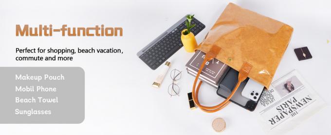 Tyvek And Kraft Paper Tote Bag, Large Size With Long Strap, Washable Eco Friendly Bag For Home, Office, Travel Tote Bag Women’s Kraft Paper Work Handbags Purses with Top Handle 0