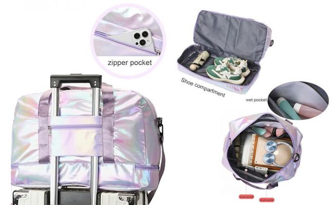 Holographic Shimmering Gym Duffle Bag With Shoes Compartment & Wet Pocket, Women Weekend Overnight Travel Bag Gymnastic Dance Bag For Girl 0