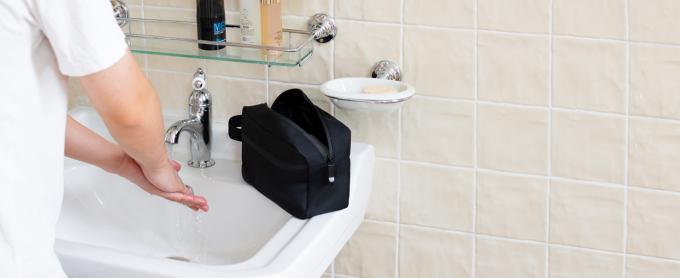 Borsa da toilette da viaggio per donne e uomini, borsa da barba resistente all'acqua per accessori da toilette, borse portaoggetti pieghevoli con divisorio e maniglia per cosmetici, articoli da toeletta, pennelli e strumenti 4