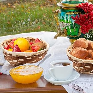 Round Gift Baskets, Bamboo Small Bread & Fruit Baskets, 7" Woven Bread Roll Baskets, Food Serving Baskets, Food Storage Basket For Kitchen Restaurant Display Decor 2