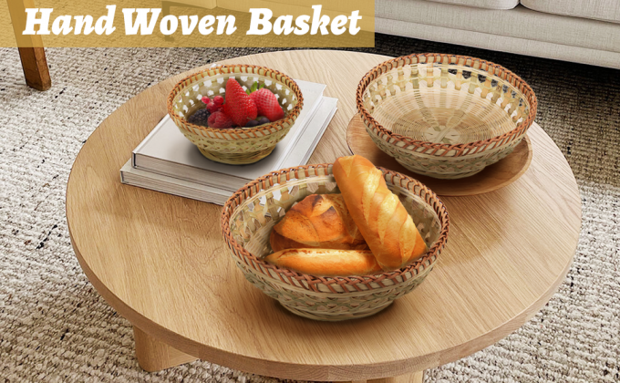 Natural Bamboo Bread Baskets, 3 Pack Hand Woven Round Fruit Baskets For Serving, Handmade Picnic Basket, Wicker Decoration Storage For Living Room Kitchen Restaurant 0
