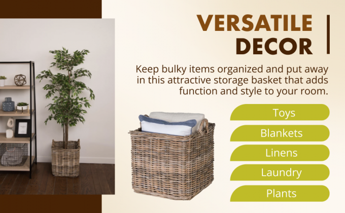 Cesto di rotino quadrato grande, fatto a mano, soggiorno, coperte, contenitore di giocattoli, deposito extra, deposito decorativo, cesto per il bucato, biancheria da letto, grigio e marrone, grande 0