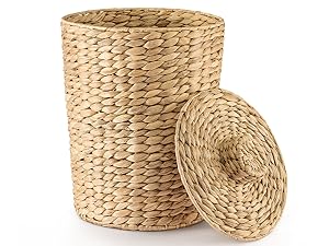 Wicker Waste Basket - Water Hyacinth Bathroom Garbage Can With A Lid - Bathroom Trash Can Boho Style - Wicker Trash Can With Lid For Household, Kitchen - Removable Liner, Iron Frame 4