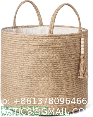storage Basket Decorative Rope Basket Wooden Bead Decoration For Blankets,Toys,Clothes,Shoes,Plant Organizer Bin