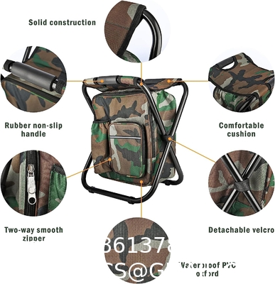 Folding Stool Backpack Insulated Cooler Bag, Collapsible Camping Hunting Fishing Multifunction Chair Front Pocket