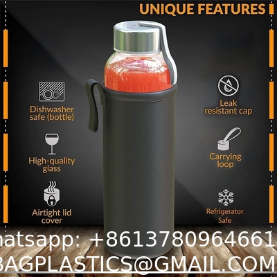 Clear Glass Water Bottles, Reusable Glass Juicing Bottles Protection Sleeve and Stainless Steel Leak Proof Lids