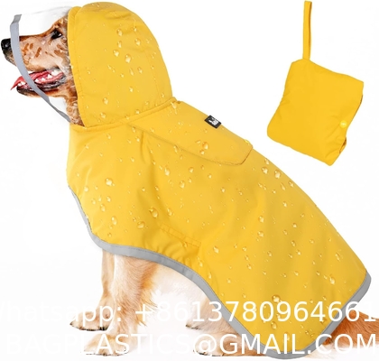 Dog Waterproof Raincoat with Poncho Hoodie, High Reflective Adjustable Yellow Pet Rain Jacket with Leash Hole