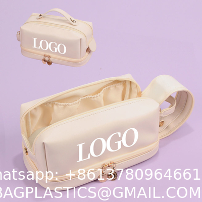 Customized New Arrival Luxury Portable Pu Large White Leather Travel Toiletry Storage Makeup Cosmetic Bags With Logo