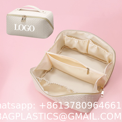 Customized New Arrival Luxury Portable Pu Large White Leather Travel Toiletry Storage Makeup Cosmetic Bags With Logo