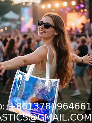 Borsa PVC per la spesa in plastica lucida, laser trasparente, olografica, iridescente, da donna, borsa tote da spiaggia alla moda con logo personalizzato stampato