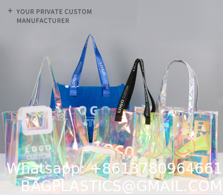 Logo personalizzato Eco-friendly Riciclare Hologramma iridescente Colorato Pvc Plastico Sacchetto da spiaggia TPU Manico Holographic Tote Sacchetto da shopping