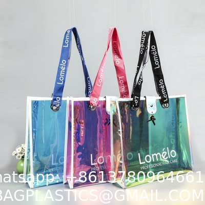 Borsa da bagno trasparente olografica sostenibile riciclabile con maniglia di cuoio Borsa da spiaggia iridescente per il lavoro Viaggio in stadio