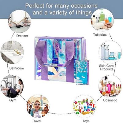 Holographic Iridescent Tote Bag Clear Travel Beach Bag Iridescent Shoulder Bag with Phone Pouch Waterproof Travel Tote for Women Work, Travel, Gym, Beach and Pool