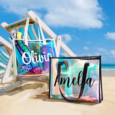 Borsa per la spesa laser arcobaleno personalizzata all'ingrosso, olografica, iridescente, in gelatina, trasparente, in PVC, borsa tote, popolare, alla moda, da spiaggia, accetta lucida, riutilizzabile, ologramma, trasparente, laser, trasparente, borsa tote in PVC