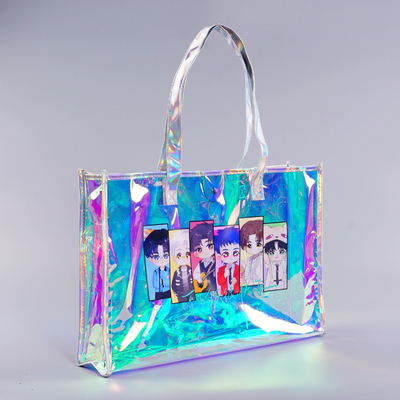 Borsa da spiaggia impermeabile trasparente in gelatina, colore caramella, borsa della spesa in PVC trasparente con logo personalizzato, borsa regalo laser trasparente in PVC per donna, confezione olografica trasparente impermeabile, borsa da spiaggia estiva in PVC