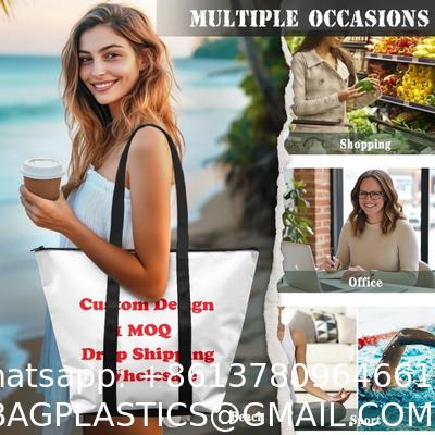 Fashion Casual Street Reusable Environmental Handbag Zipper Tote Bag, Kraft Paper Beach Bag Large Hobo Carry All Travel Shopping Handbag Plastic Shoulder Bag