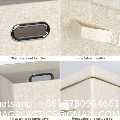 Linen Fabric, Metal Handles Collapsible Stackable Storage Bins With Lids, Packs White Linen Fabric Closet Boxes With Lids, Storage Cube Baskets Container Organizers For Bedroom Office