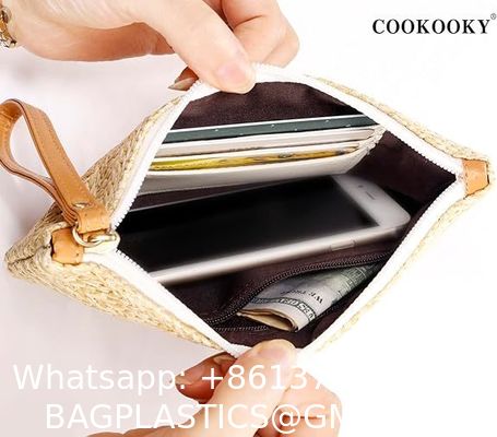 Womens Straw Clutch Bag Bohemian Summer Beach Straw Purse Zipper Wristlet Wallets For Women Clutch Makeup Bag with Zipper Durable Logo Pattern Flat Bag for Outdoor Activities