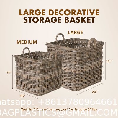 Large Square Rattan Basket, Handmade, Living Room, Blankets, Toy Bin, Extra Storage, Decorative Storage, Laundry Basket, Linens, Gray & Brown, Large