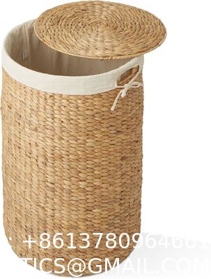 Round Laundry Hamper With Lid And Removable Liner Bag - Natural, Woven Water Hyacinth Wicker Laundry Basket For Clothes And Towels