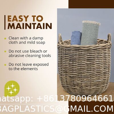 Rattan Kobo Round Storage Basket, Handwoven Rattan Basket With Handles, Organization & Home Decor For Storage, Gray-Brown