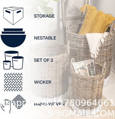 Hand-Woven Rattan Nesting Wicker Storage Baskets W/ Wheels And Handles, Seagrass Container For Decoration In Bedroom, Laundry Room,White Wash/Kubu Gray