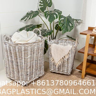 Hand-Woven Rattan Nesting Wicker Storage Baskets W/ Wheels And Handles, Seagrass Container For Decoration In Bedroom, Laundry Room,White Wash/Kubu Gray
