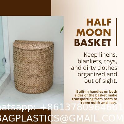 Wicker Waste Basket - Water Hyacinth Bathroom Garbage Can With A Lid - Bathroom Trash Can Boho Style - Wicker Trash Can With Lid For Household, Kitchen - Removable Liner, Iron Frame